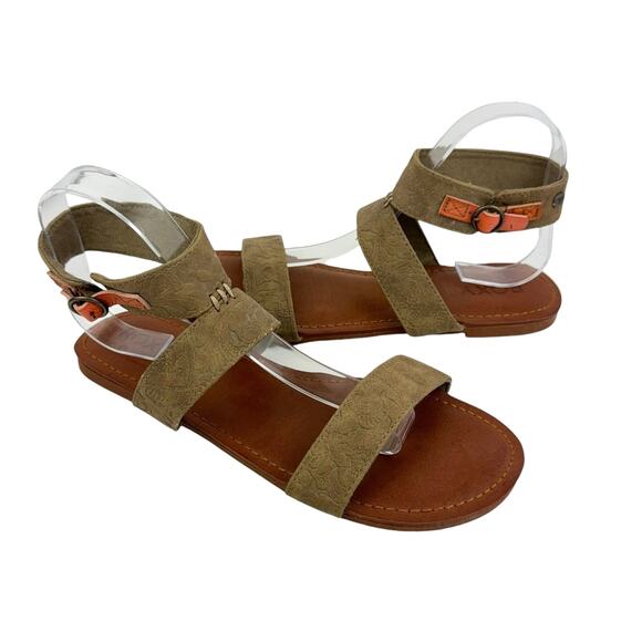 Roxy Marron Faux Leather Embossed Ankle Strap Flat Summer Sandals - Picture 1 of 10